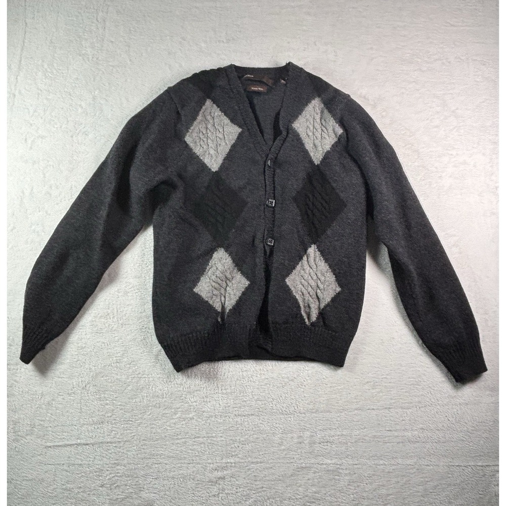 Perry Ellis Mens Cardigan Size Small Black Grey Diamond Merino Wool Sweater